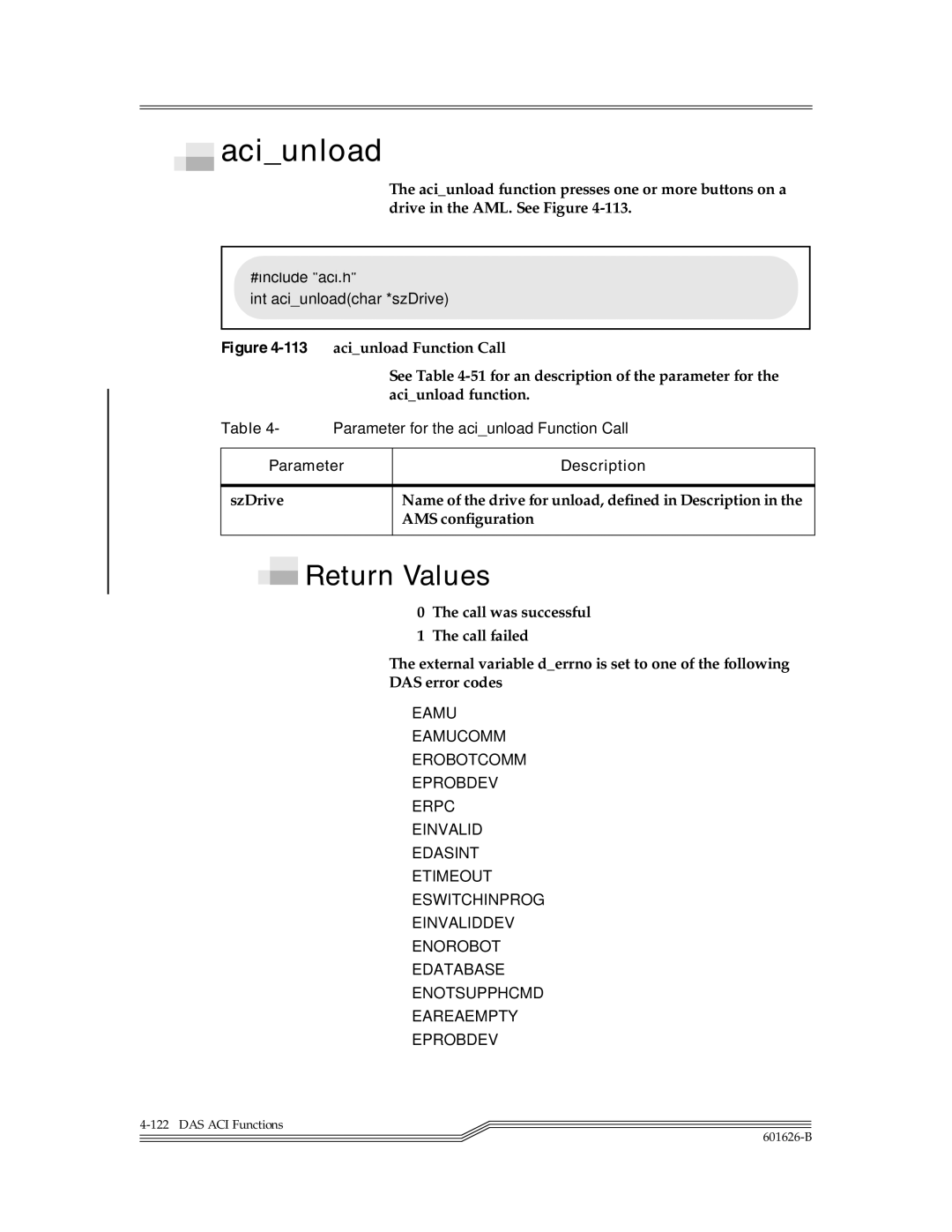 ADIC Server manual Aciunload Function Call, See -51 for an description of the parameter for, Aciunload function 