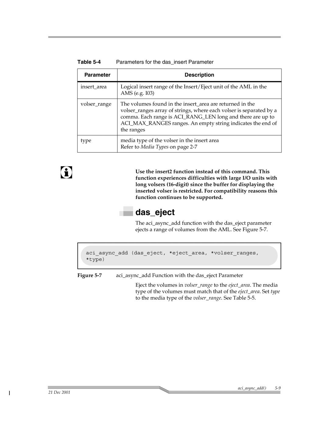 ADIC Server manual Aciasyncadd function with the daseject parameter, Ejects a range of volumes from the AML. See Figure 