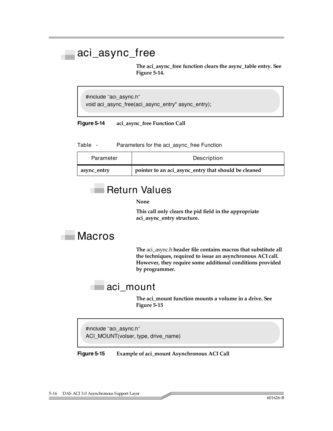 ADIC Server manual Macros, Acimount, Aciasyncfree function clears the asynctable entry. See 