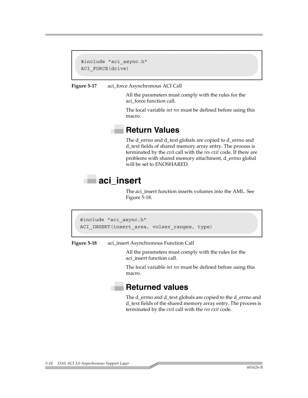 ADIC Server manual Aciinsert, Returned values 