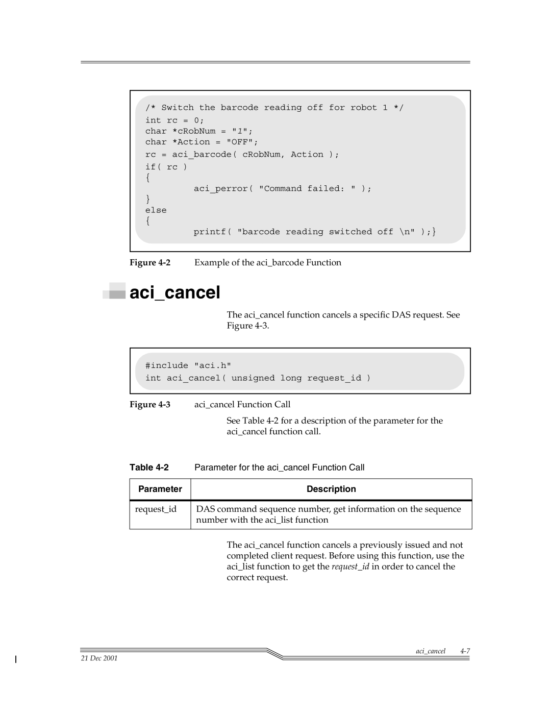 ADIC Server manual Acicancel function cancels a specific DAS request. See, Acicancel Function Call 