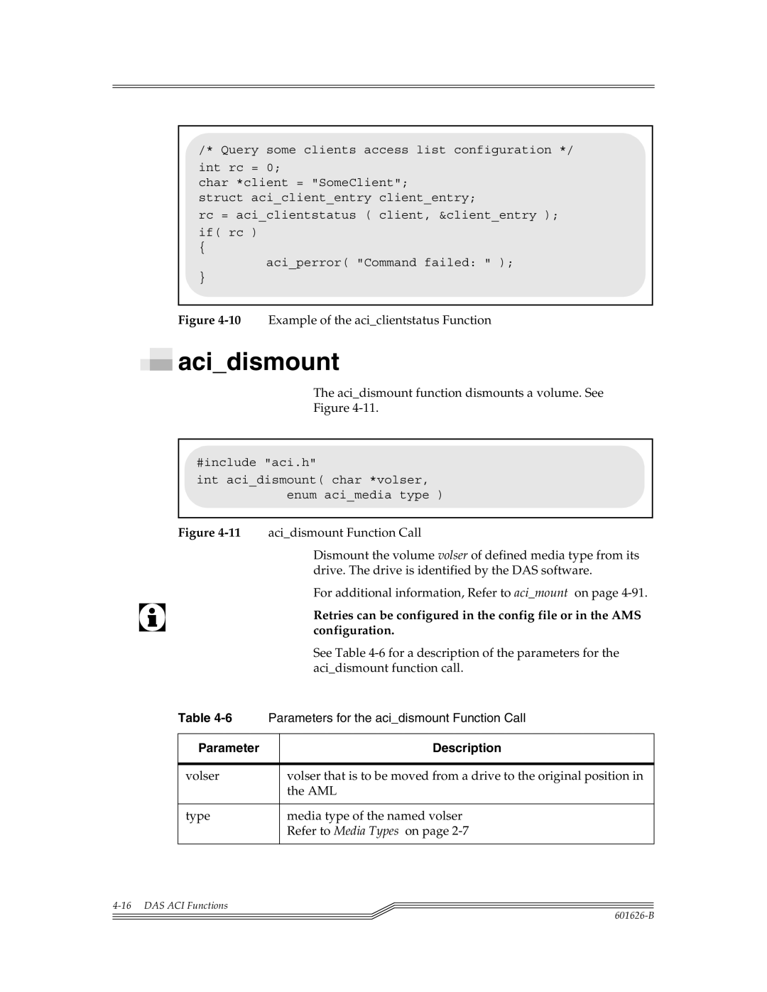 ADIC Server manual Acidismount function dismounts a volume. See 