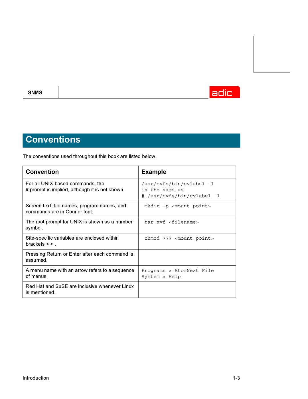 ADIC SNMS 2.3 manual Conventions, Convention Example 