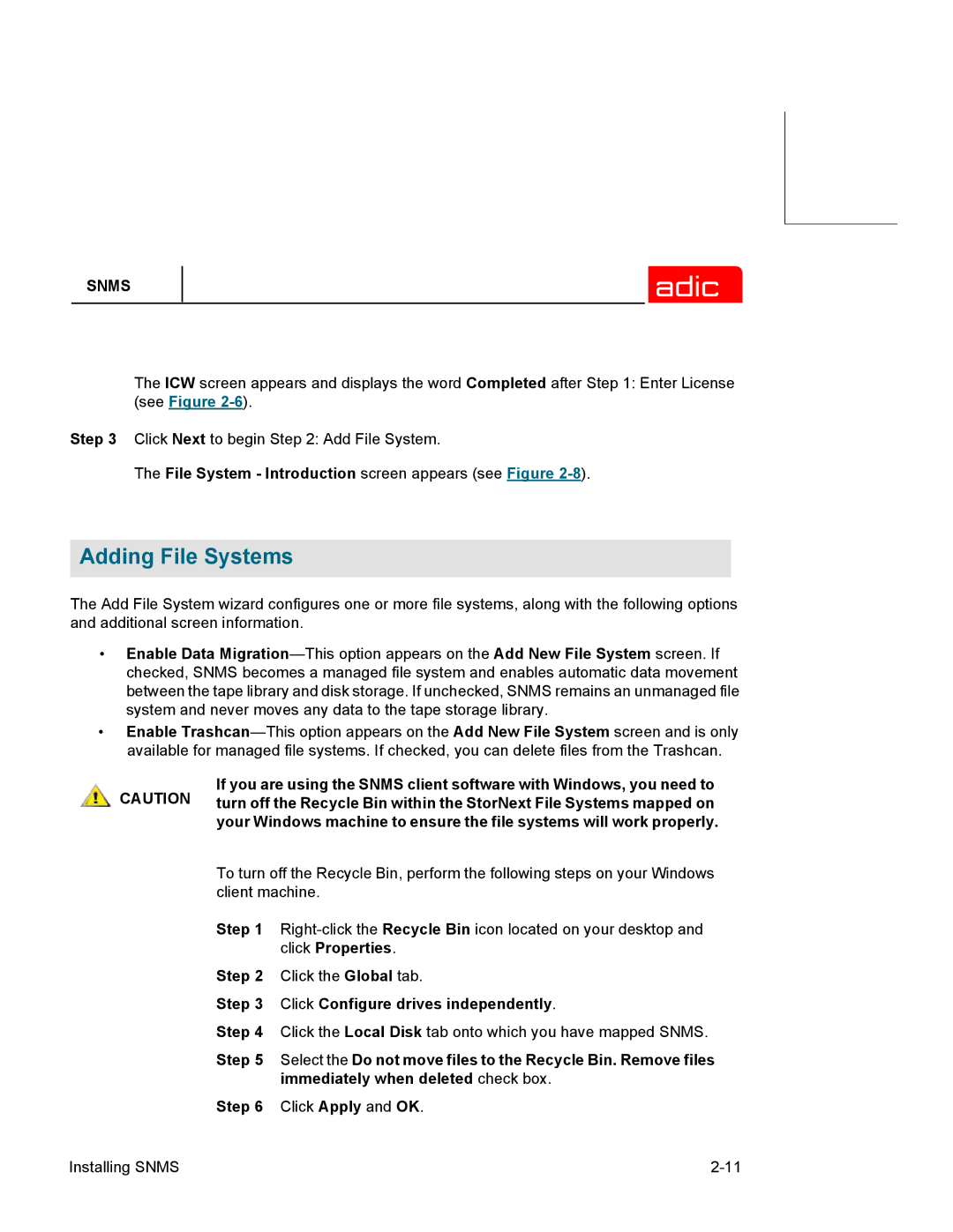 ADIC SNMS 2.3 manual Adding File Systems 