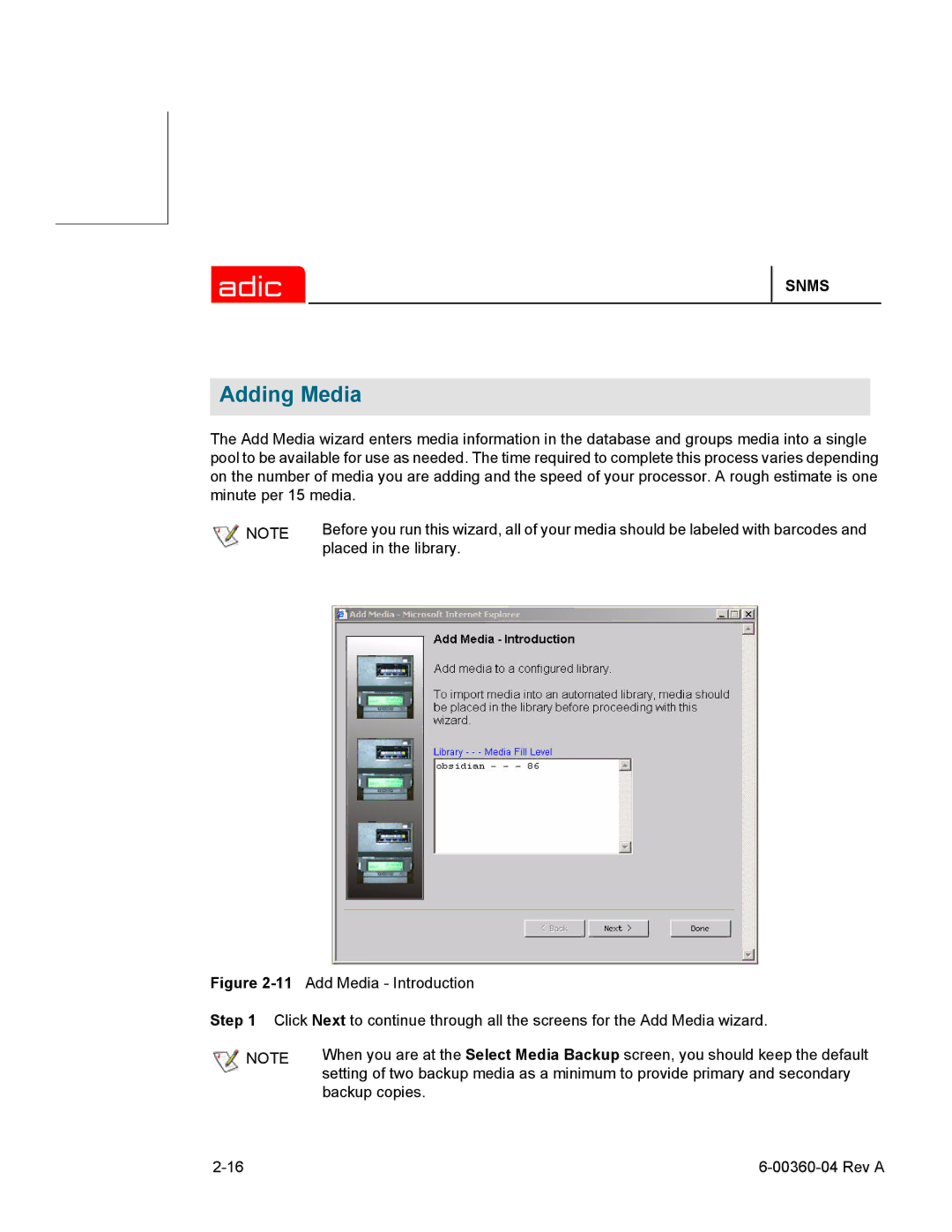 ADIC SNMS 2.3 manual Adding Media 