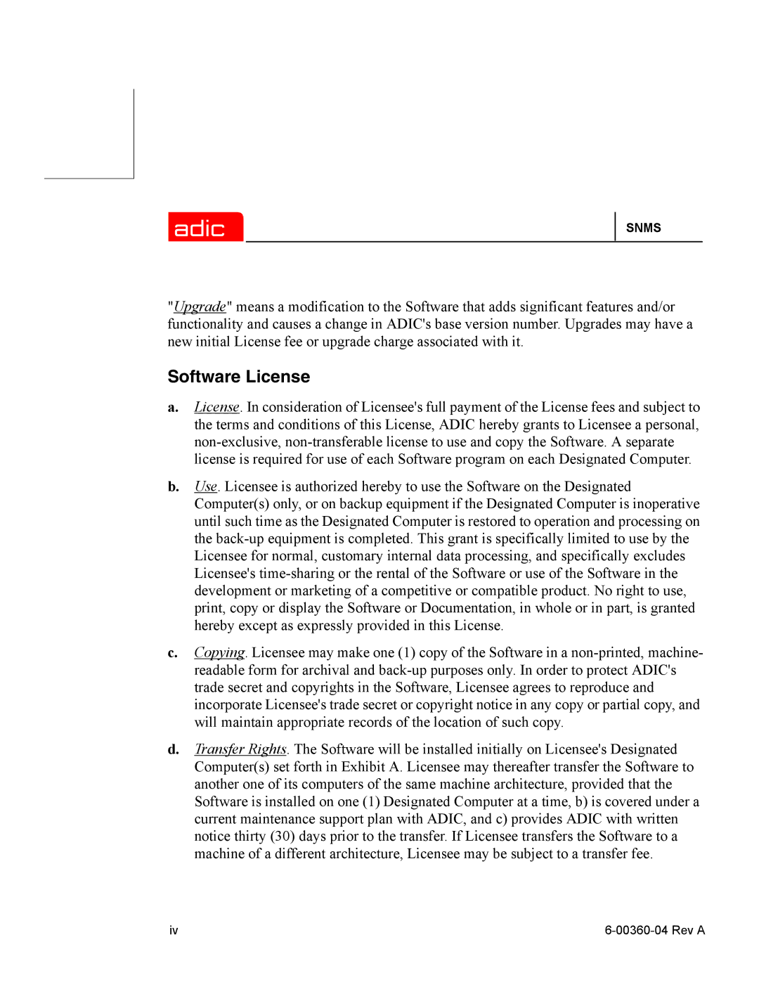 ADIC SNMS 2.3 manual Software License 