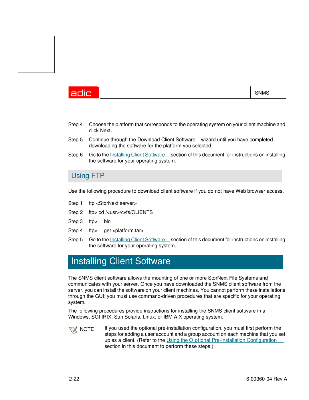 ADIC SNMS 2.3 manual Installing Client Software, Using FTP 