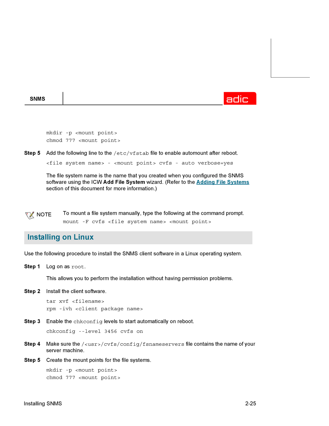 ADIC SNMS 2.3 manual Installing on Linux, File system name mount point cvfs auto verbose=yes 