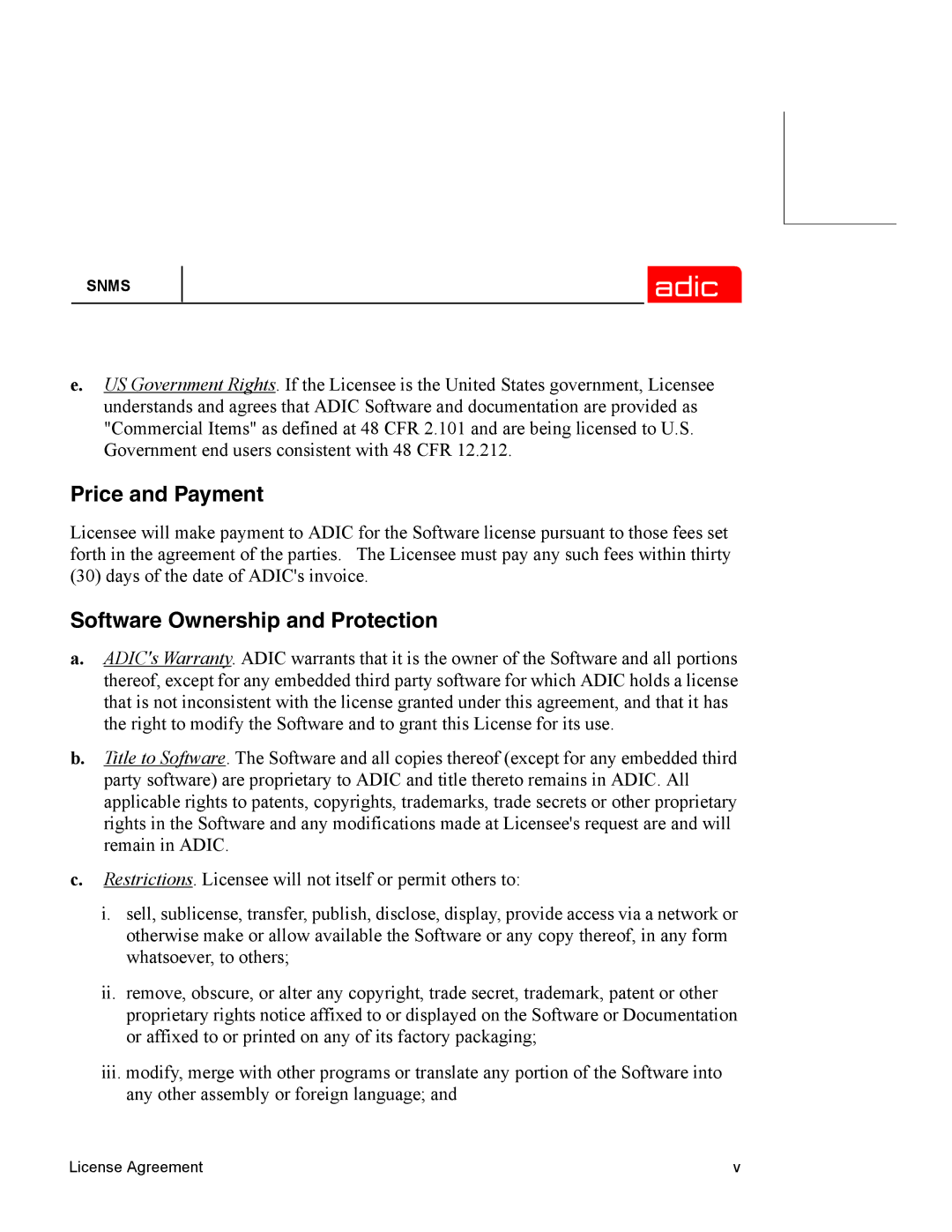 ADIC SNMS 2.3 manual Price and Payment, Software Ownership and Protection 