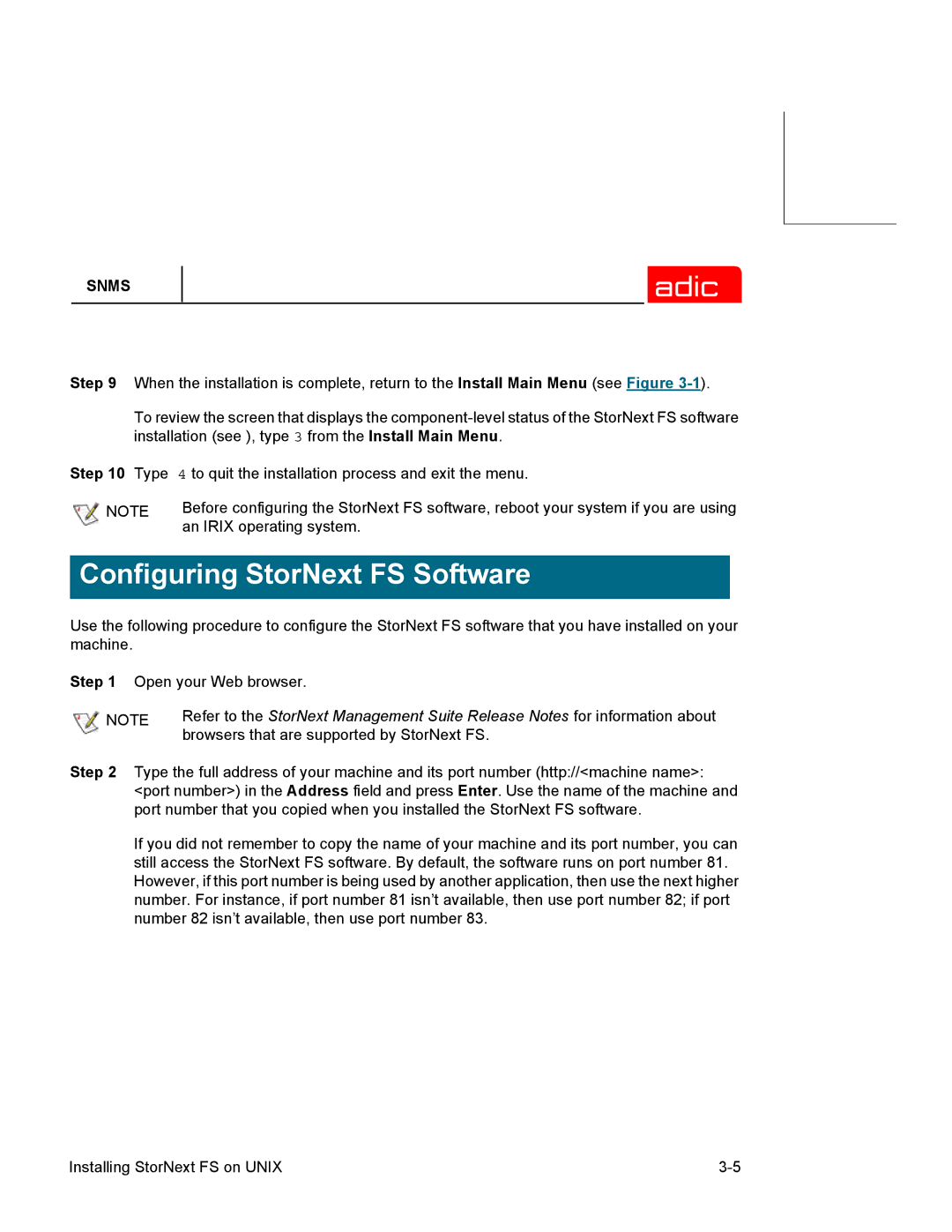 ADIC SNMS 2.3 manual Configuring StorNext FS Software 