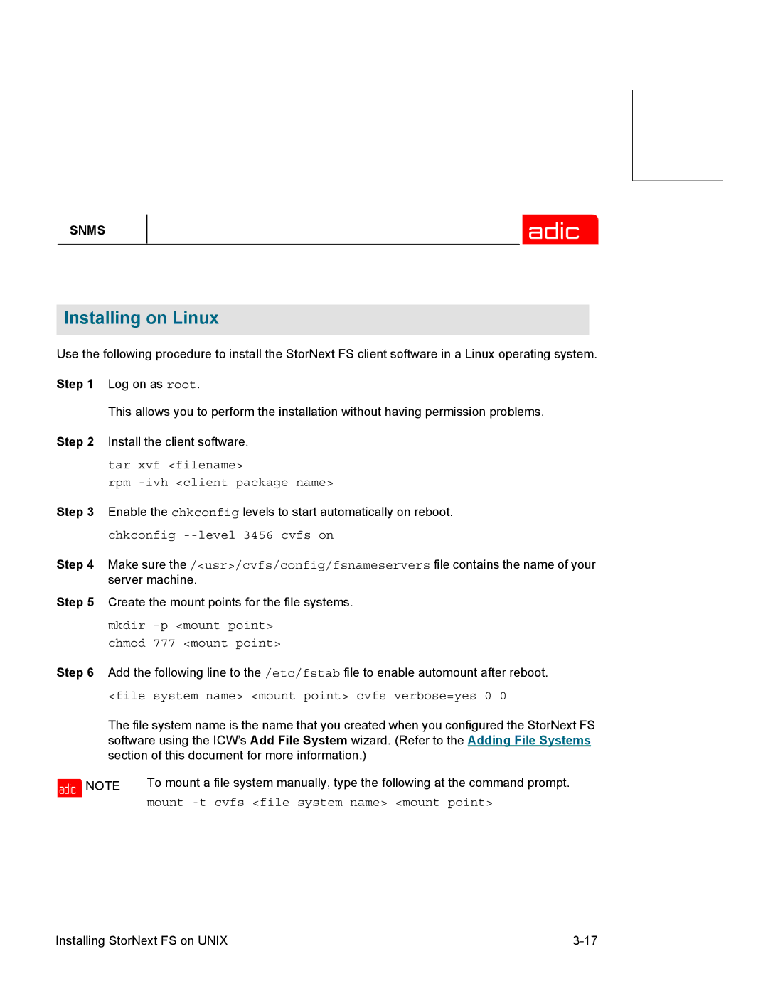 ADIC SNMS 2.3 manual Installing on Linux 