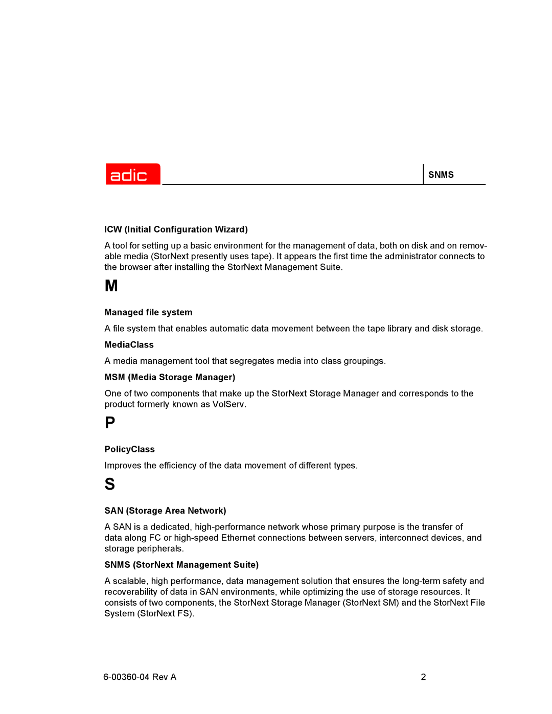 ADIC SNMS 2.3 manual MediaClass 