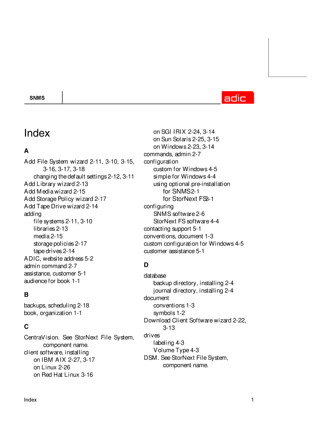 ADIC SNMS 2.3 manual Index 