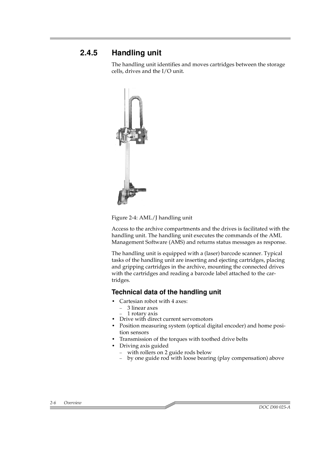 ADIC Switches manual Handling unit, Technical data of the handling unit 