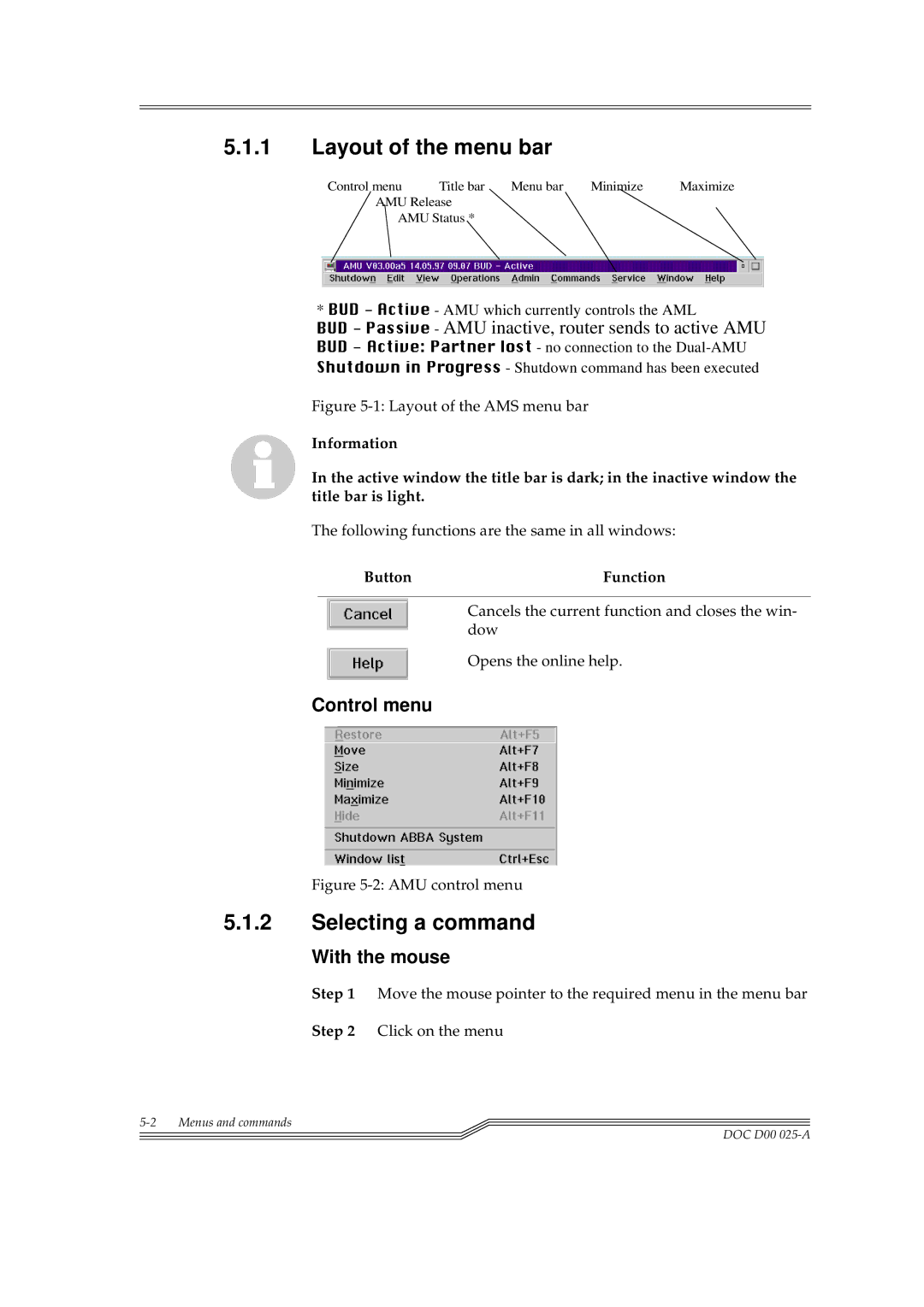 ADIC Switches manual Layout of the menu bar, Selecting a command, Button Function 