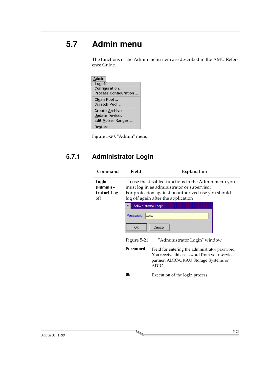 ADIC Switches manual Admin menu, Administrator Login 