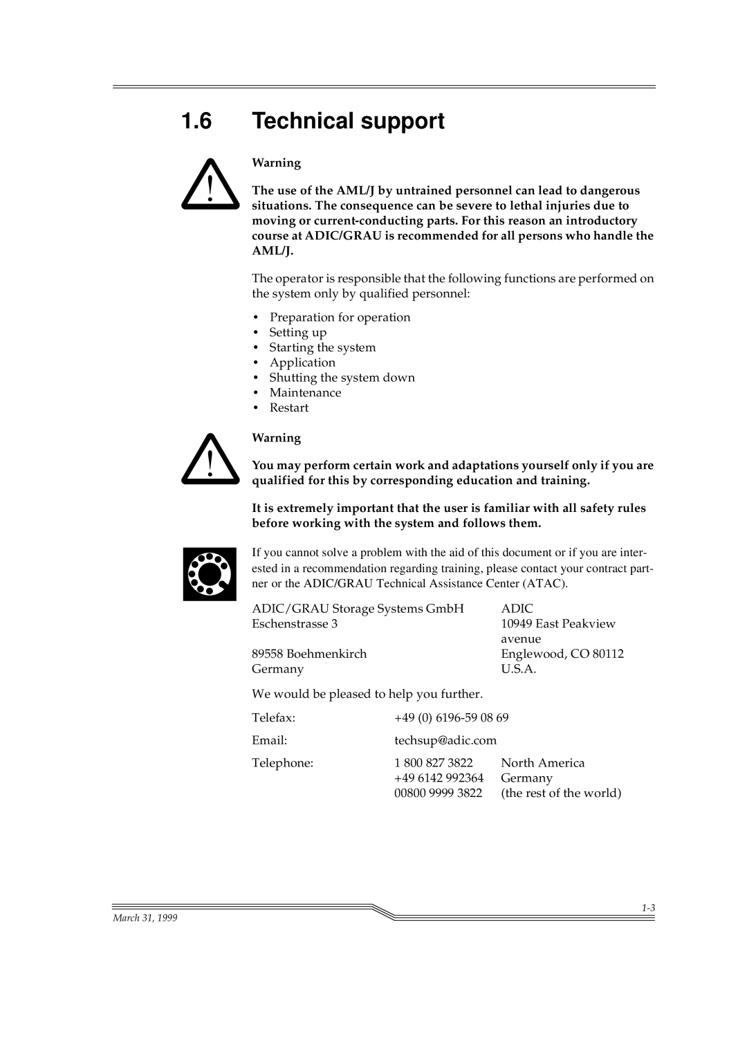 ADIC Switches manual Technical support, Adic 