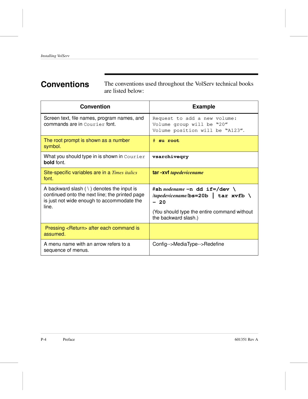 ADIC Version 5.0 manual Conventions used throughout the VolServ technical books, Are listed below, Convention Example 