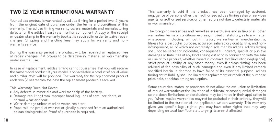 Adidas Heart Rate Monitor manual TWO 2 Year International Warranty 