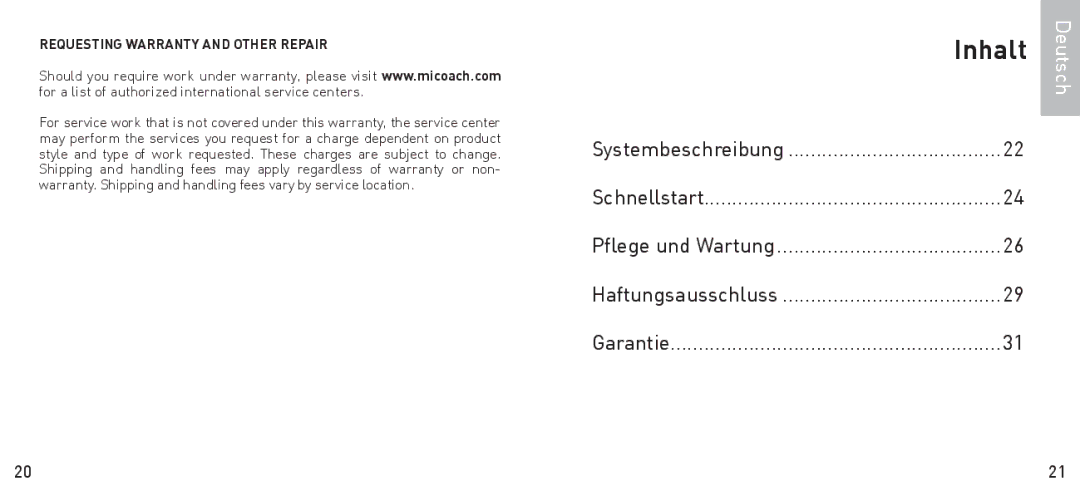 Adidas Heart Rate Monitor manual Inhalt, Requesting Warranty and Other Repair 