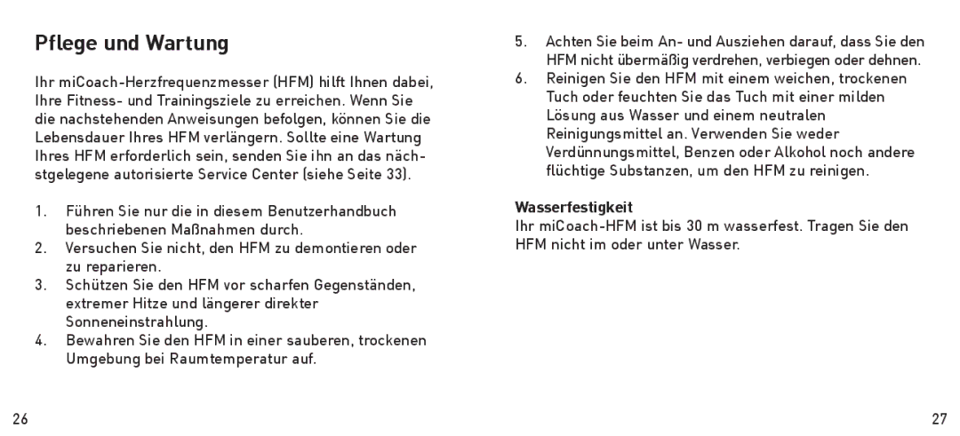 Adidas Heart Rate Monitor manual Pflege und Wartung, Wasserfestigkeit 