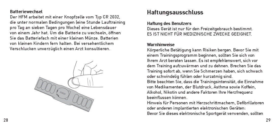 Adidas Heart Rate Monitor manual Haftungsausschluss, Batteriewechsel, Haftung des Benutzers, Warnhinweise 