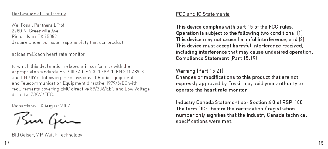 Adidas Heart Rate Monitor manual FCC and IC Statements 