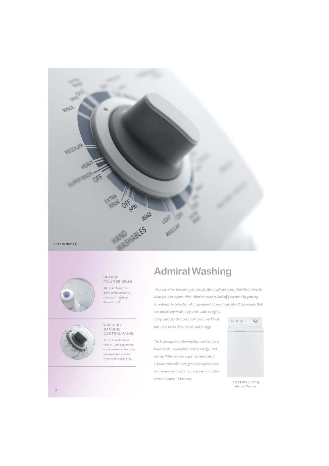 Admiral 3RATW3005TQ, 3RAED3005TQ manual Admiral Washing, HI-TECH Polymer Drum, Washing Machine Control Panel 