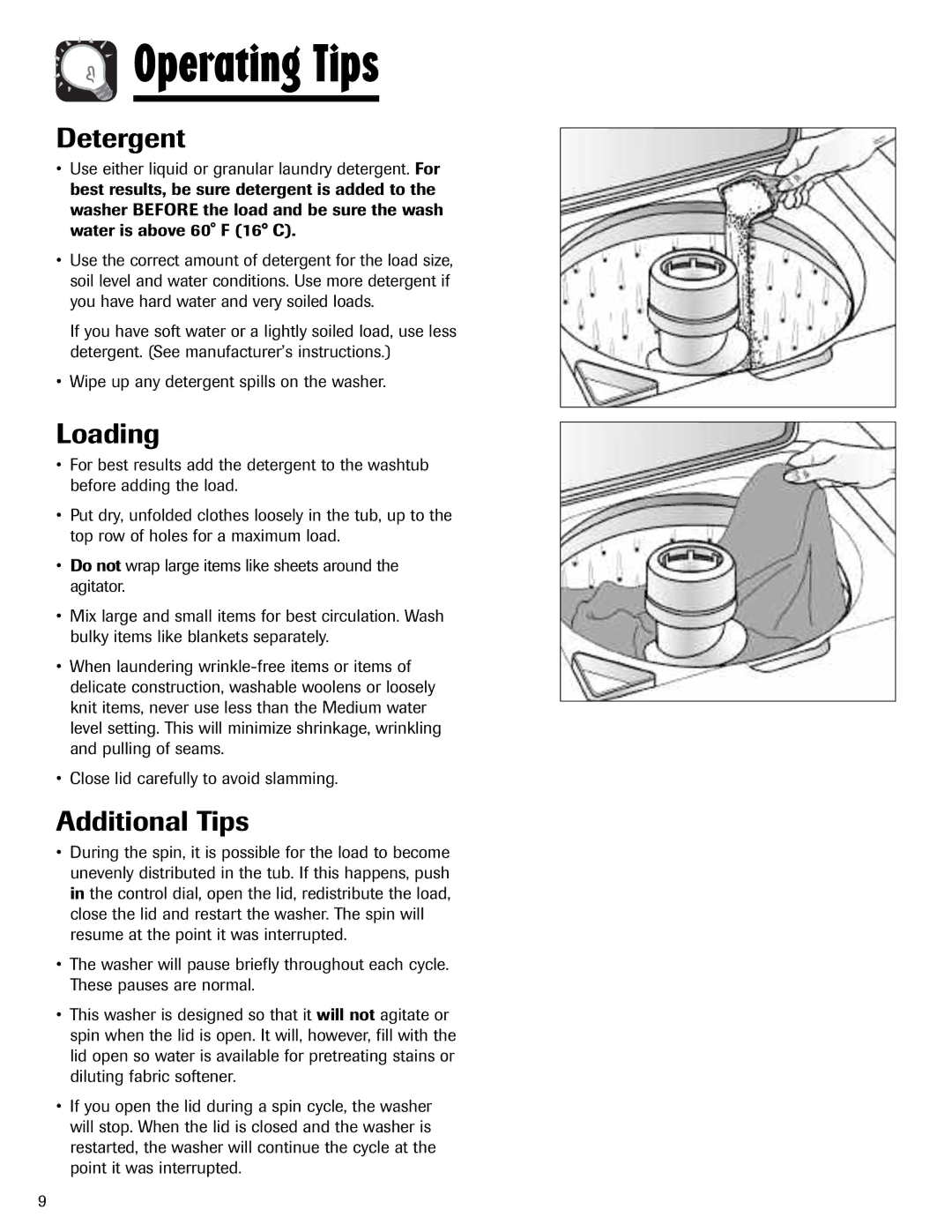 Admiral AAV-3 important safety instructions Operating Tips, Detergent, Loading, Additional Tips 