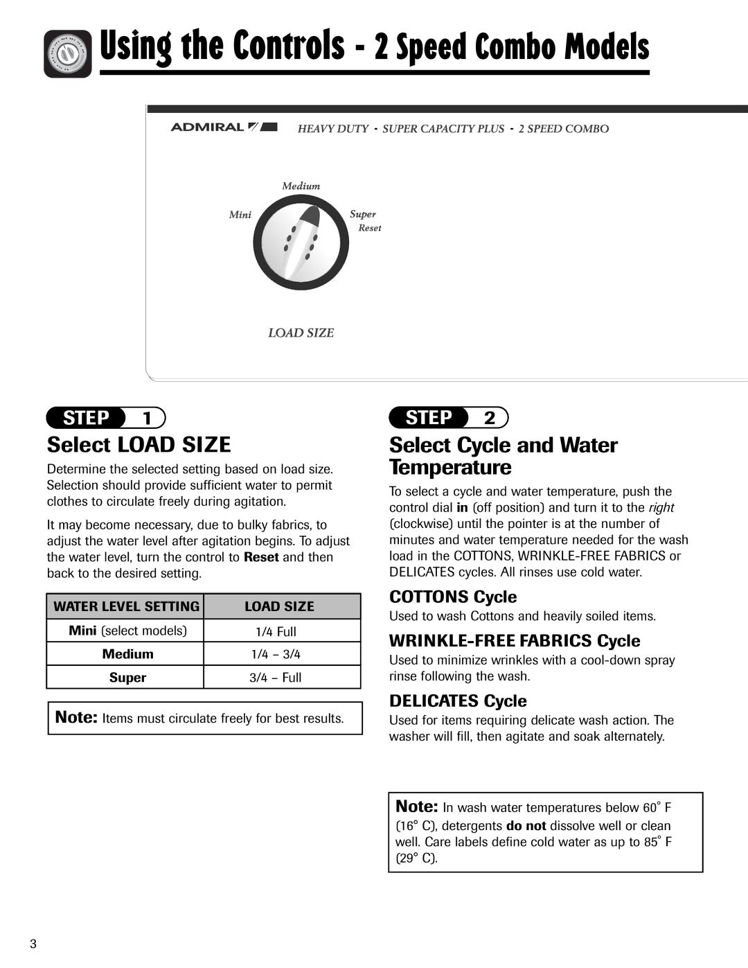 Admiral AAV-3 Using the Controls 2 Speed Combo Models, Select Load Size, Select Cycle and Water Temperature 