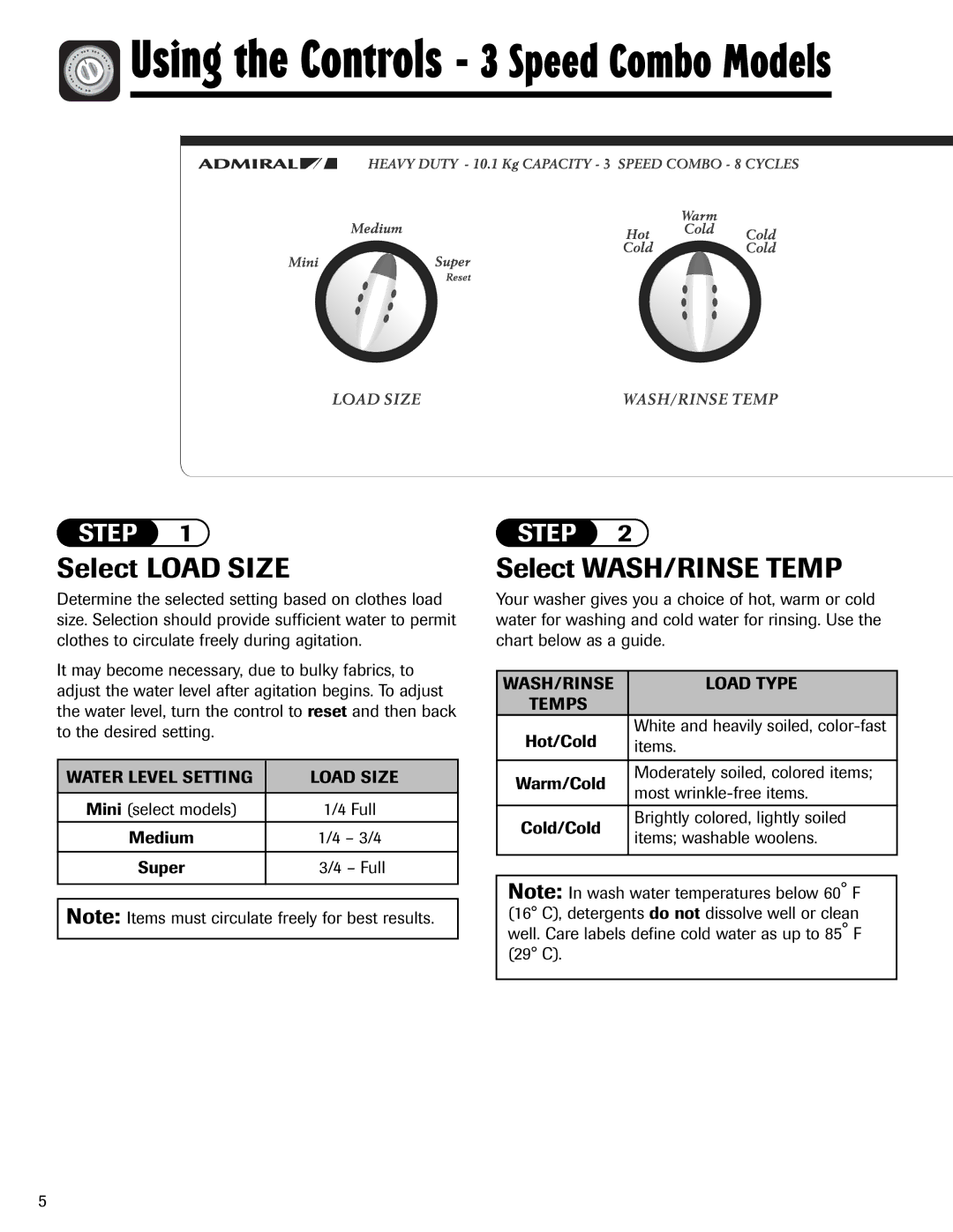 Admiral AAV-3 important safety instructions Using the Controls 3 Speed Combo Models, Select WASH/RINSE Temp 