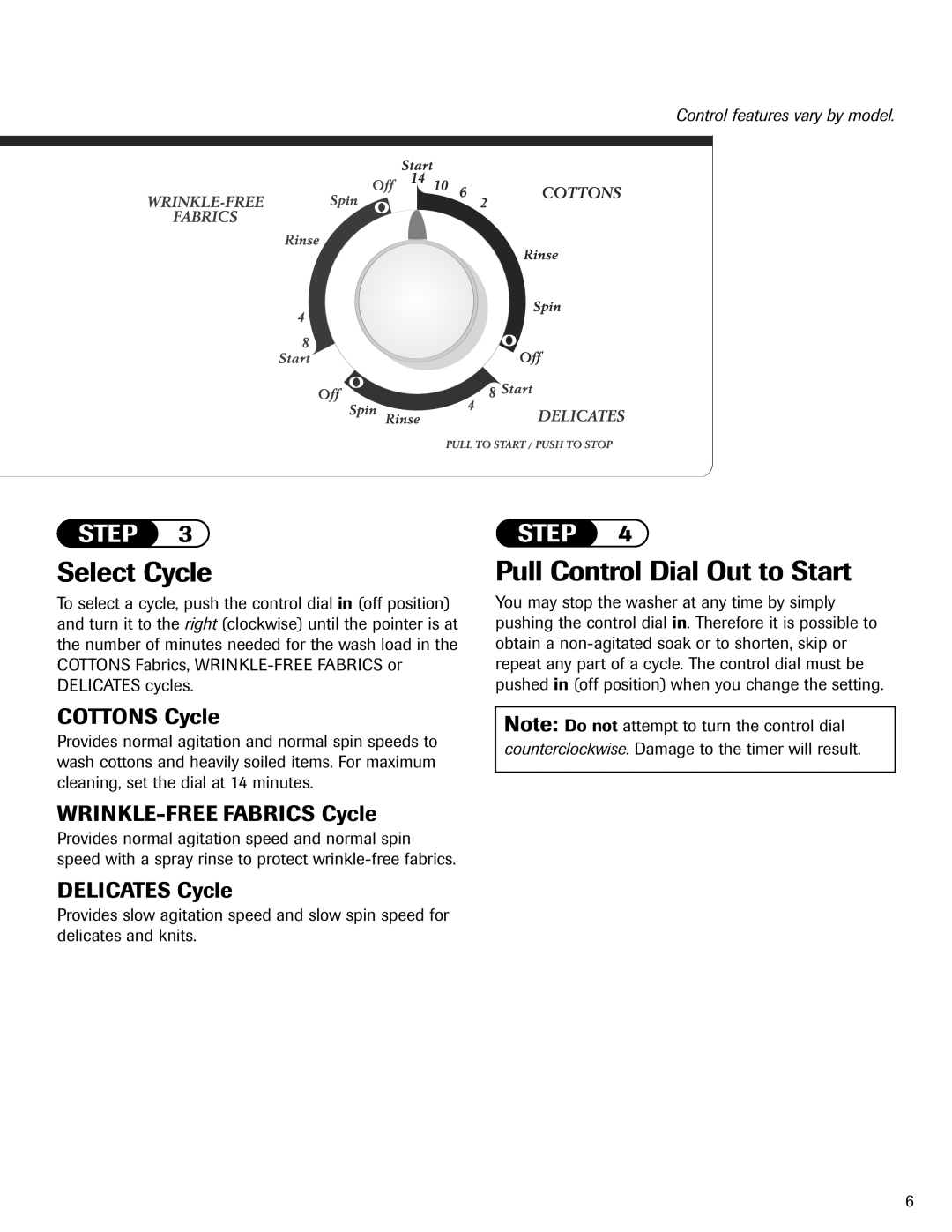 Admiral AAV-3 important safety instructions Select Cycle, Cottons Cycle 