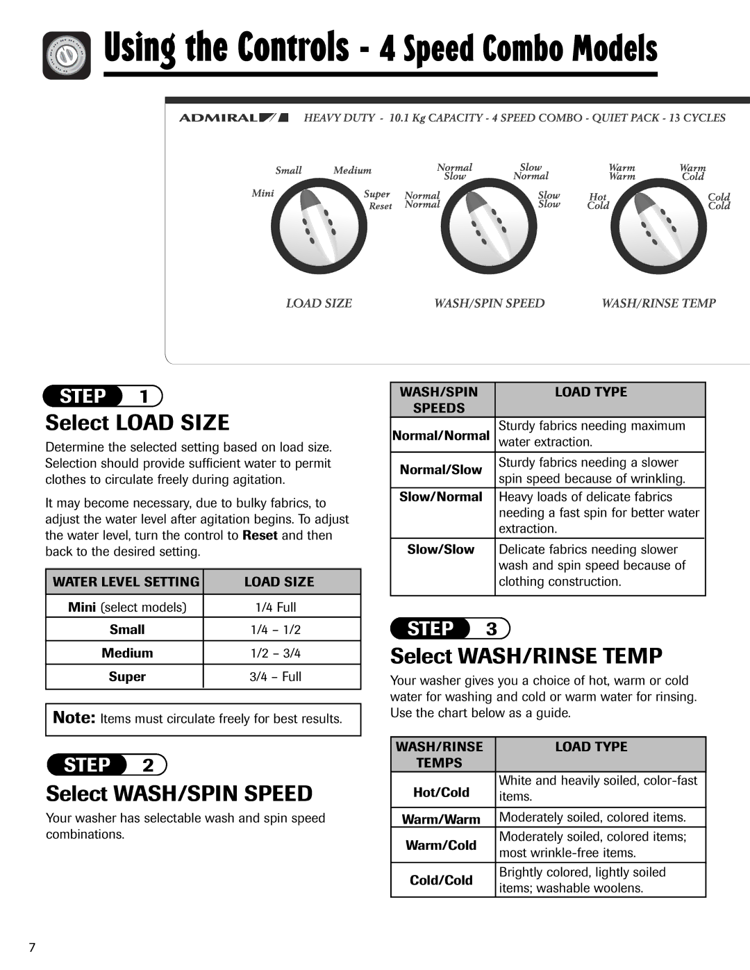 Admiral AAV-3 important safety instructions Using the Controls 4 Speed Combo Models, Select WASH/SPIN Speed 