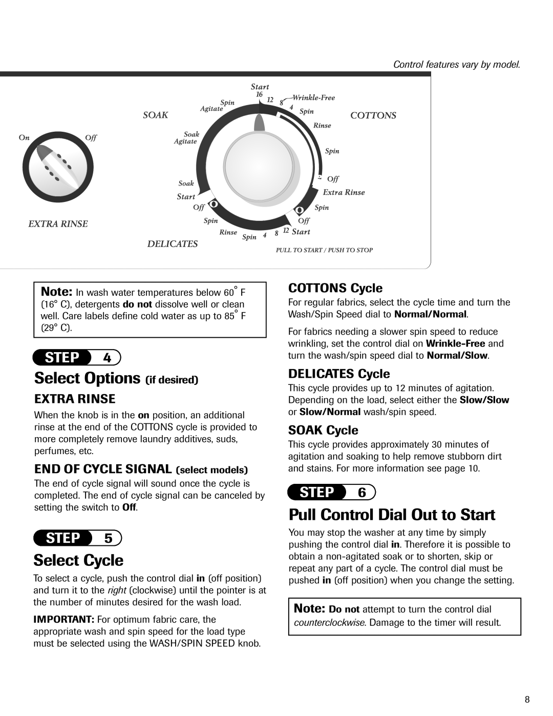 Admiral AAV-3 important safety instructions Select Options if desired, END of Cycle Signal select models, Soak Cycle 