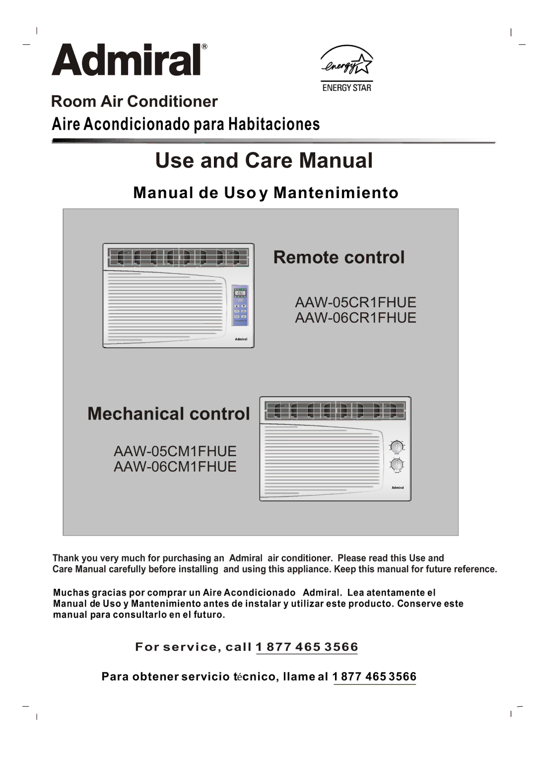 Admiral AAW-05CR1FHUE, AAW-06CM1FHUE, AAW-05CM1FHUE, AAW-06CR1FHUE manual Use and Care Manual 