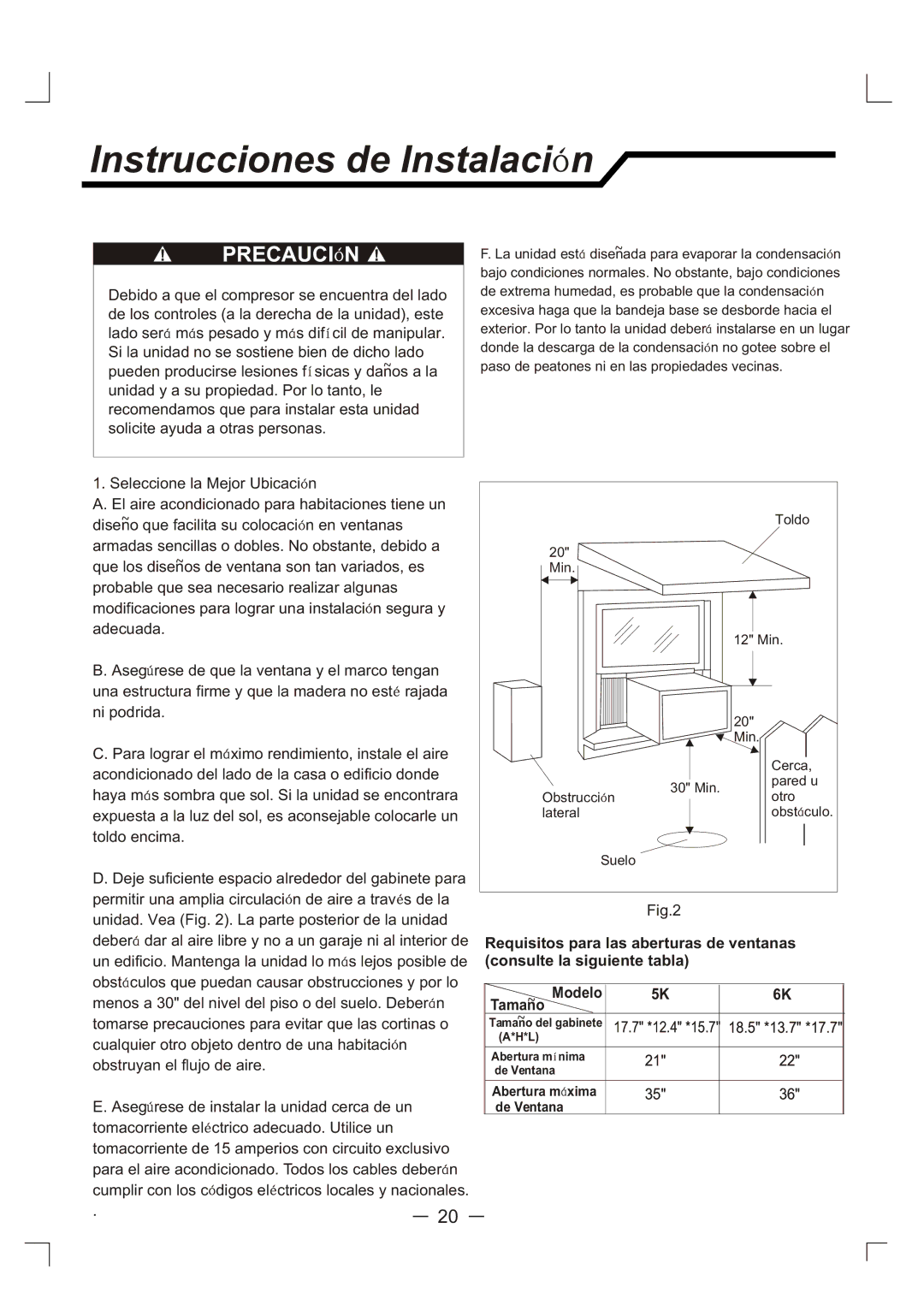 Admiral AAW-05CR1FHUE, AAW-06CM1FHUE, AAW-05CM1FHUE, AAW-06CR1FHUE manual Instrucciones de Instalaci n, Tamano 