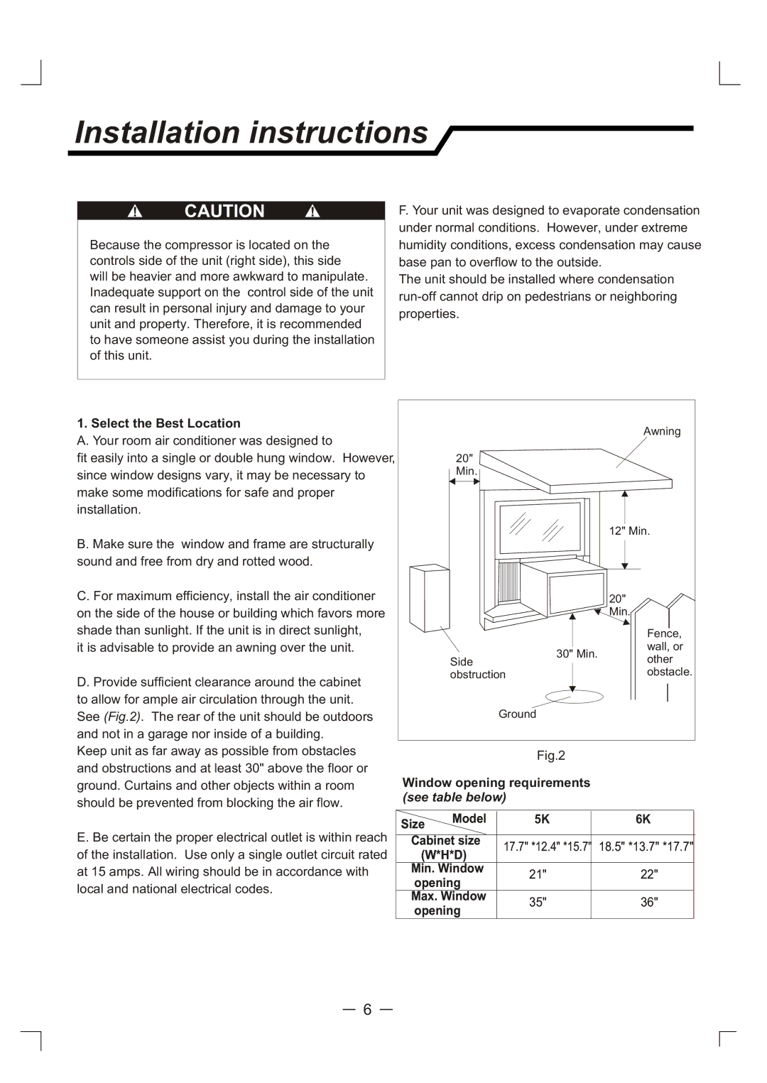 Admiral AAW-06CR1FHUE Installation instructions, Select the Best Location, Window opening requirements see table below 