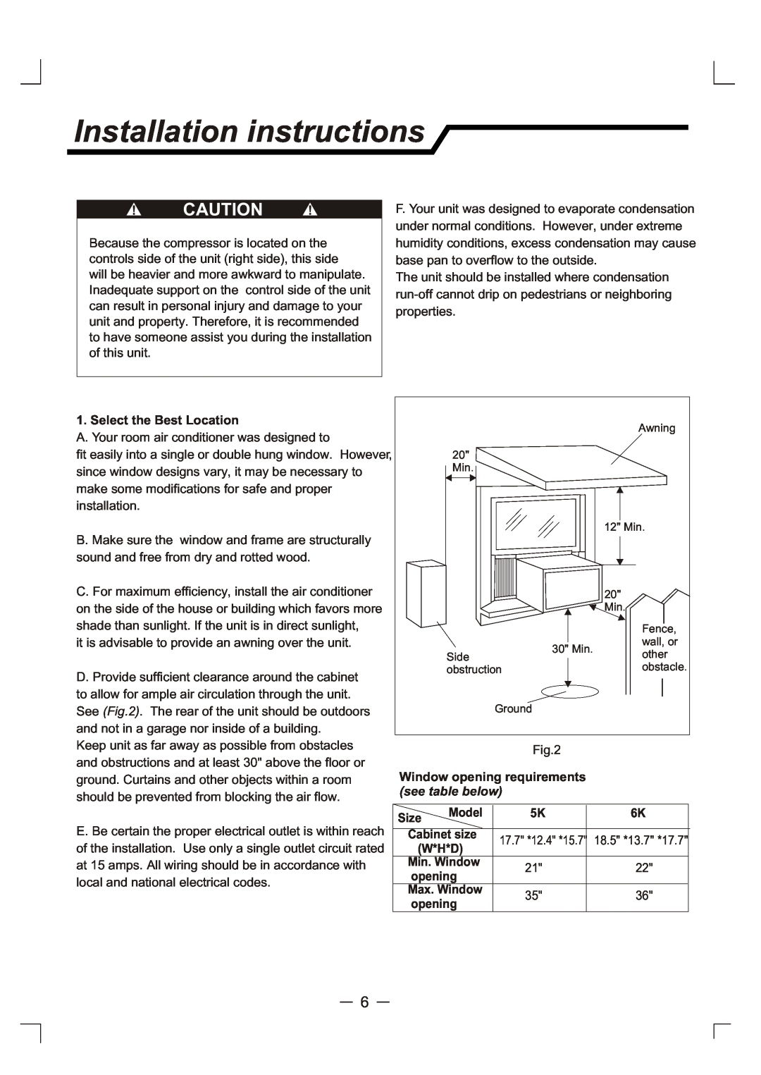 Admiral AAW-06CR1FHUE Installation instructions, Select the Best Location, Window opening requirements see table below 