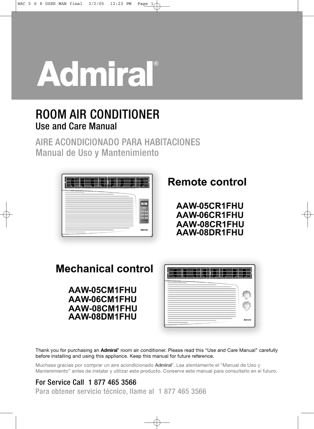 Admiral AAW-08CM1FHU, AAW-08CR1FHU, AAW-06CR1FHU, AAW-08DR1FHU manual Room AIR Conditioner, Manual de Uso y Mantenimiento 