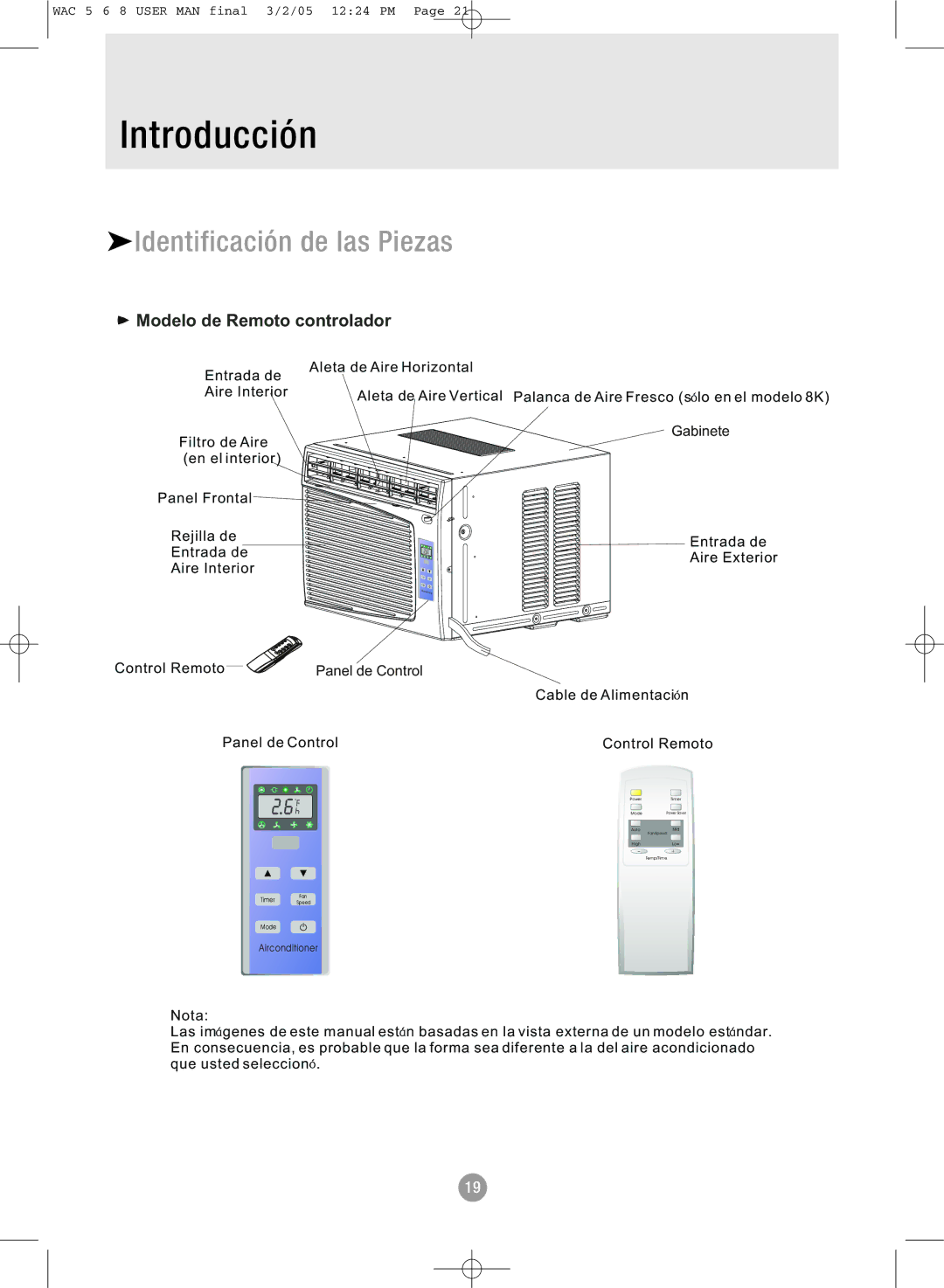 Admiral AAW-08CR1FHU, AAW-08CM1FHU, AAW-06CR1FHU, AAW-08DR1FHU Identificación de las Piezas, Modelo de Remoto controlador 