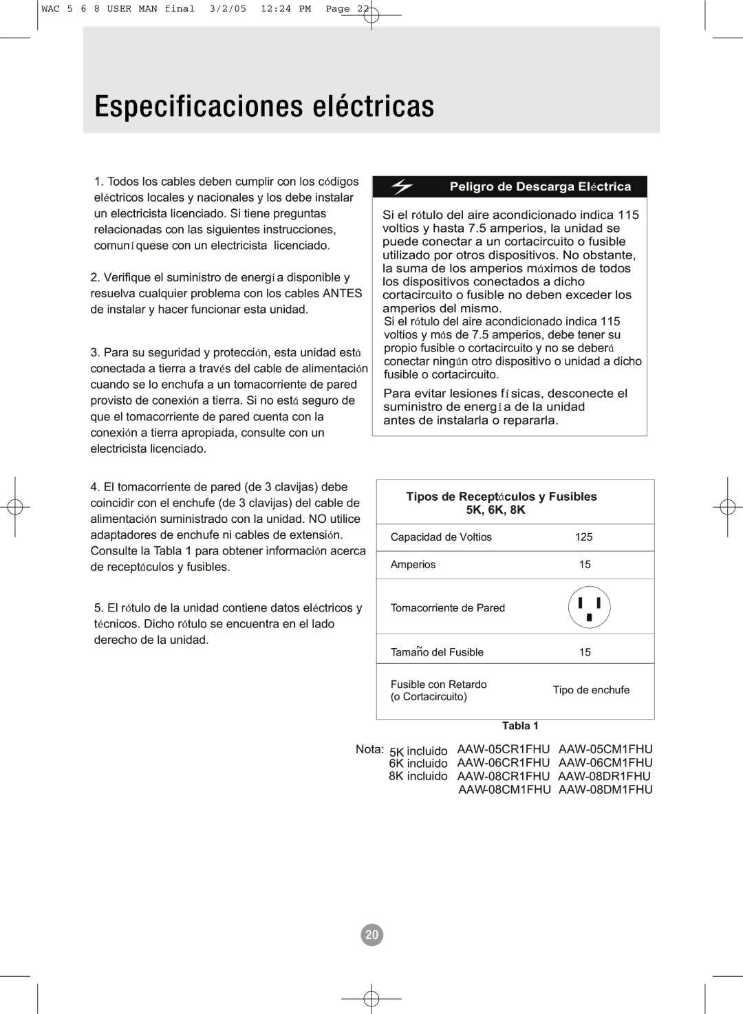 Admiral AAW-08CM1FHU, AAW-08CR1FHU, AAW-06CR1FHU, AAW-08DR1FHU Especificaciones eléctricas, Peligro de Descarga El ctrica 