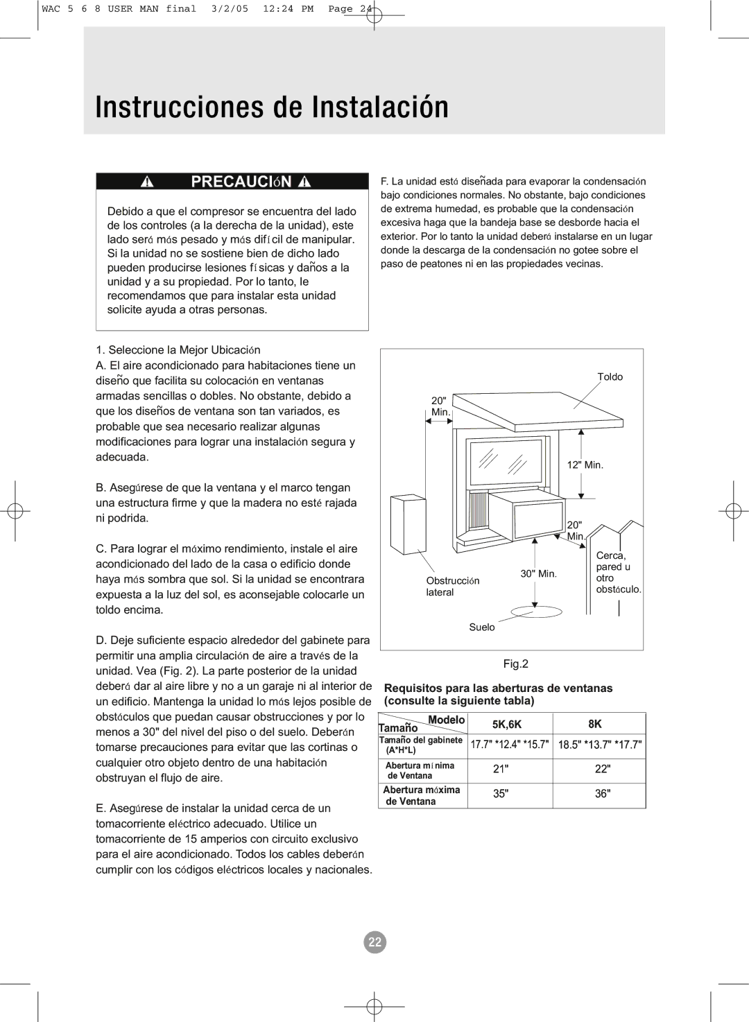 Admiral AAW-08DR1FHU, AAW-08CR1FHU, AAW-08CM1FHU, AAW-06CR1FHU, AAW-05CM1FHU manual Instrucciones de Instalación, 5K,6K Tamano 