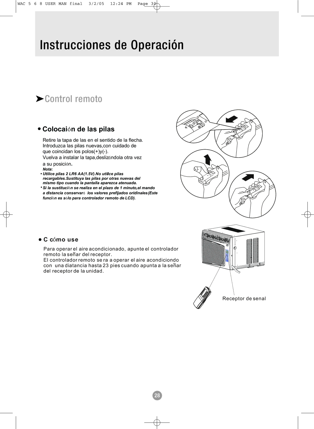 Admiral AAW-06CR1FHU, AAW-08CR1FHU, AAW-08CM1FHU, AAW-08DR1FHU, AAW-05CM1FHU manual Control remoto, Colocai n de las pilas 