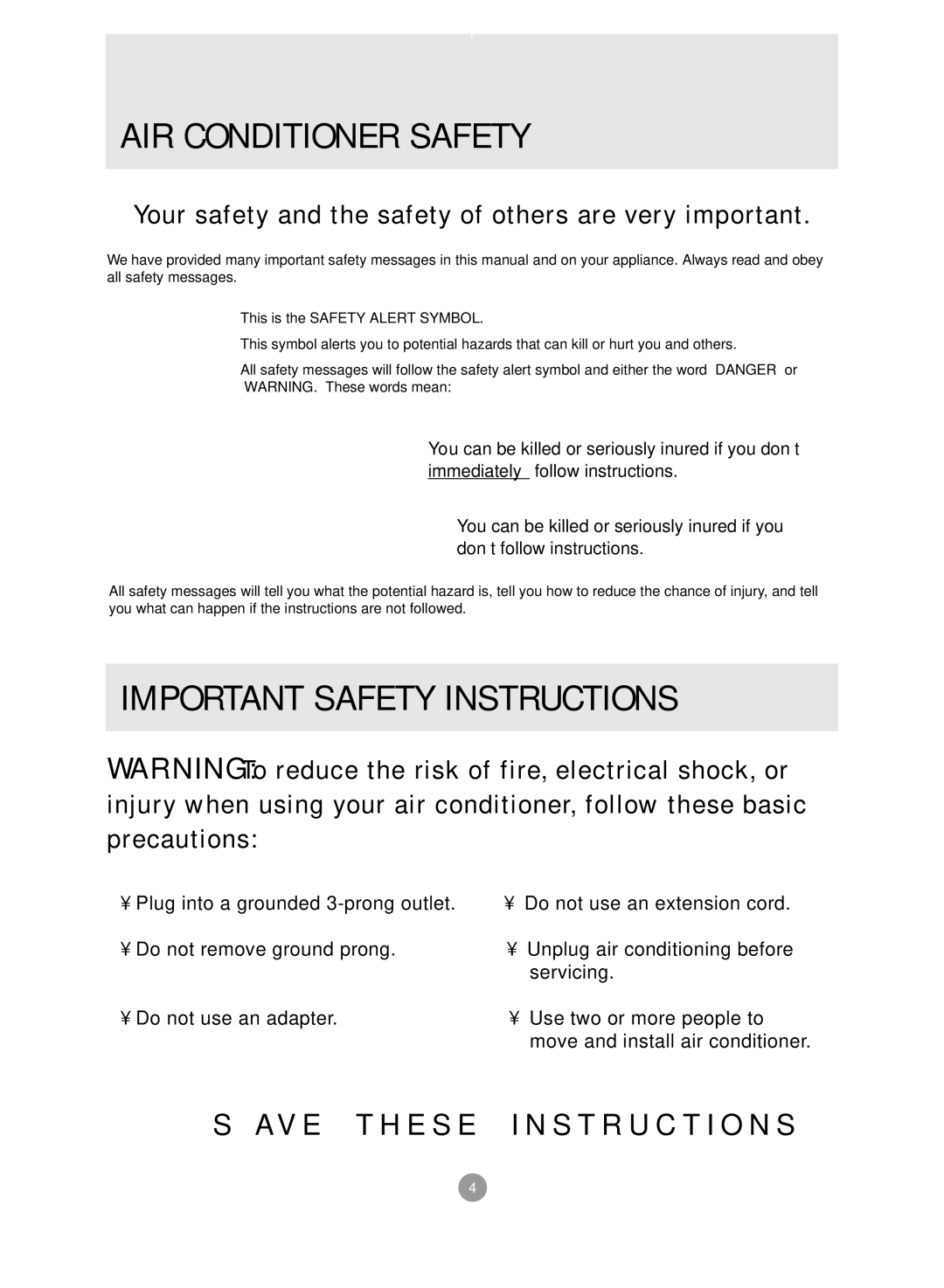 Admiral AAW-08DM1FHU, AAW-08CR1FHU, AAW-08CM1FHU, AAW-06CR1FHU manual AIR Conditioner Safety, Important Safety Instructions 