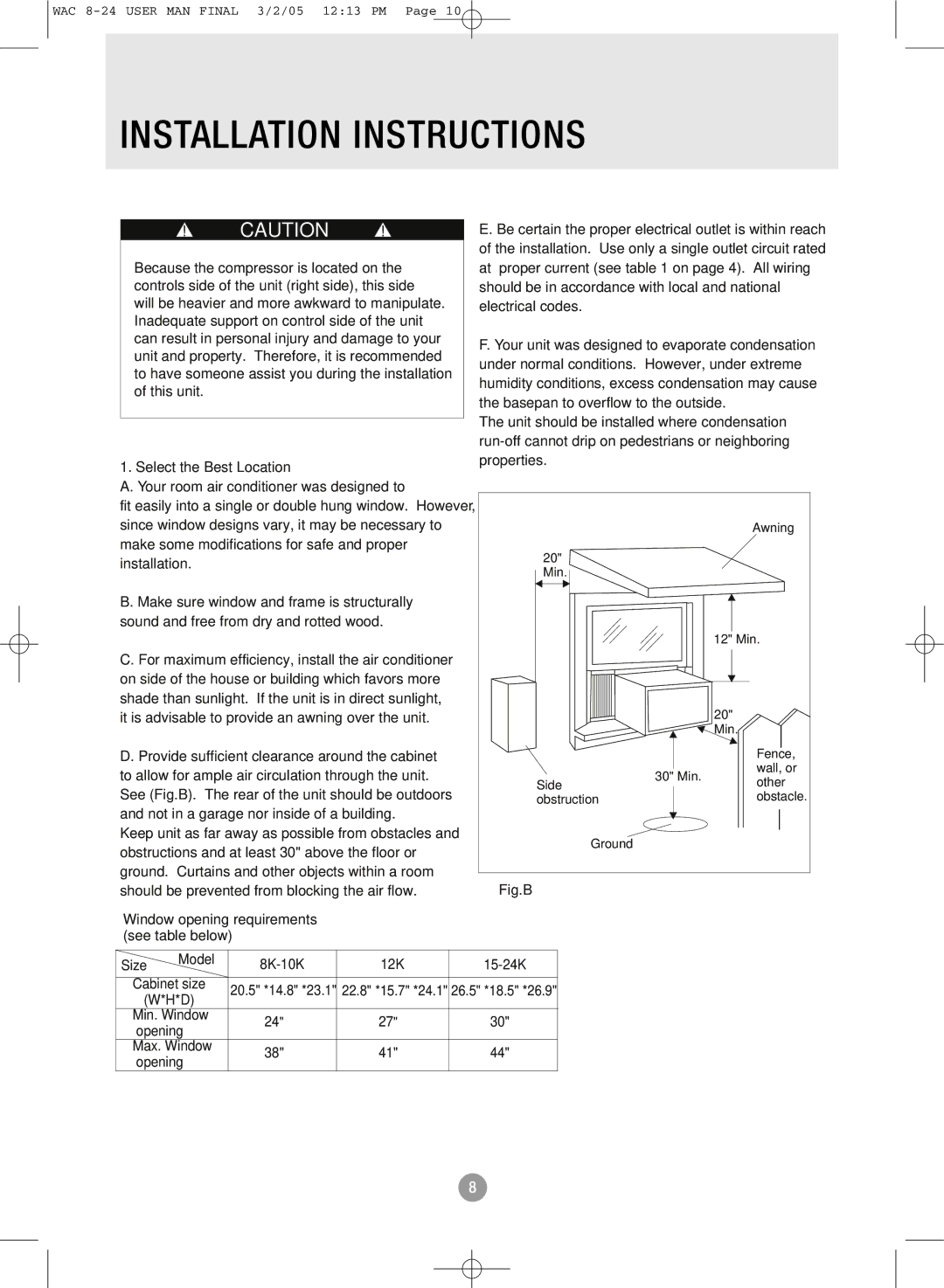 Admiral AAW-12CM1FHUE, AAW-15CR1FHUE, AAW-24CM1FHUE, AAW-22CR1FHUE, AAW-08CM1FHUE manual Min. Window Opening Max. Window 