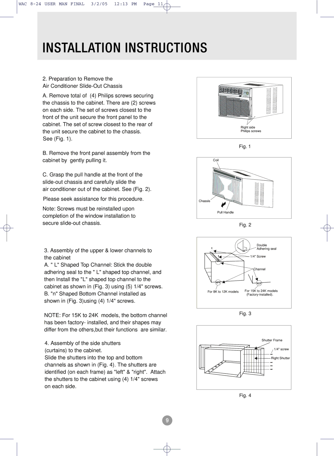 Admiral AAW-18CR1FHUE, AAW-15CR1FHUE, AAW-24CM1FHUE, AAW-22CR1FHUE Preparation to Remove Air Conditioner Slide-Out Chassis 