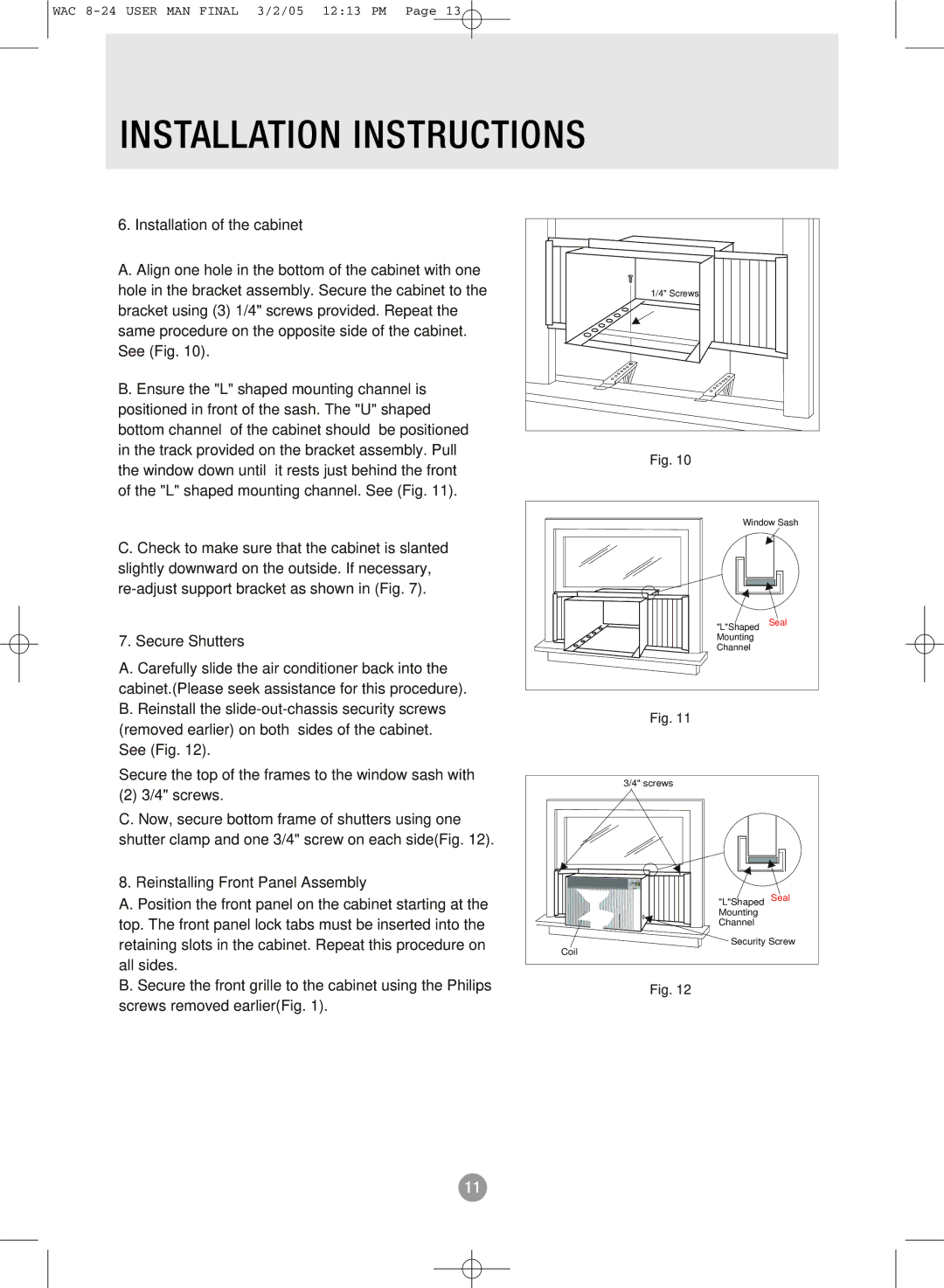 Admiral AAW-08CR1FHUE, AAW-15CR1FHUE, AAW-24CM1FHUE, AAW-22CR1FHUE, AAW-08CM1FHUE, AAW-10CM1FHUE Installation Instructions 