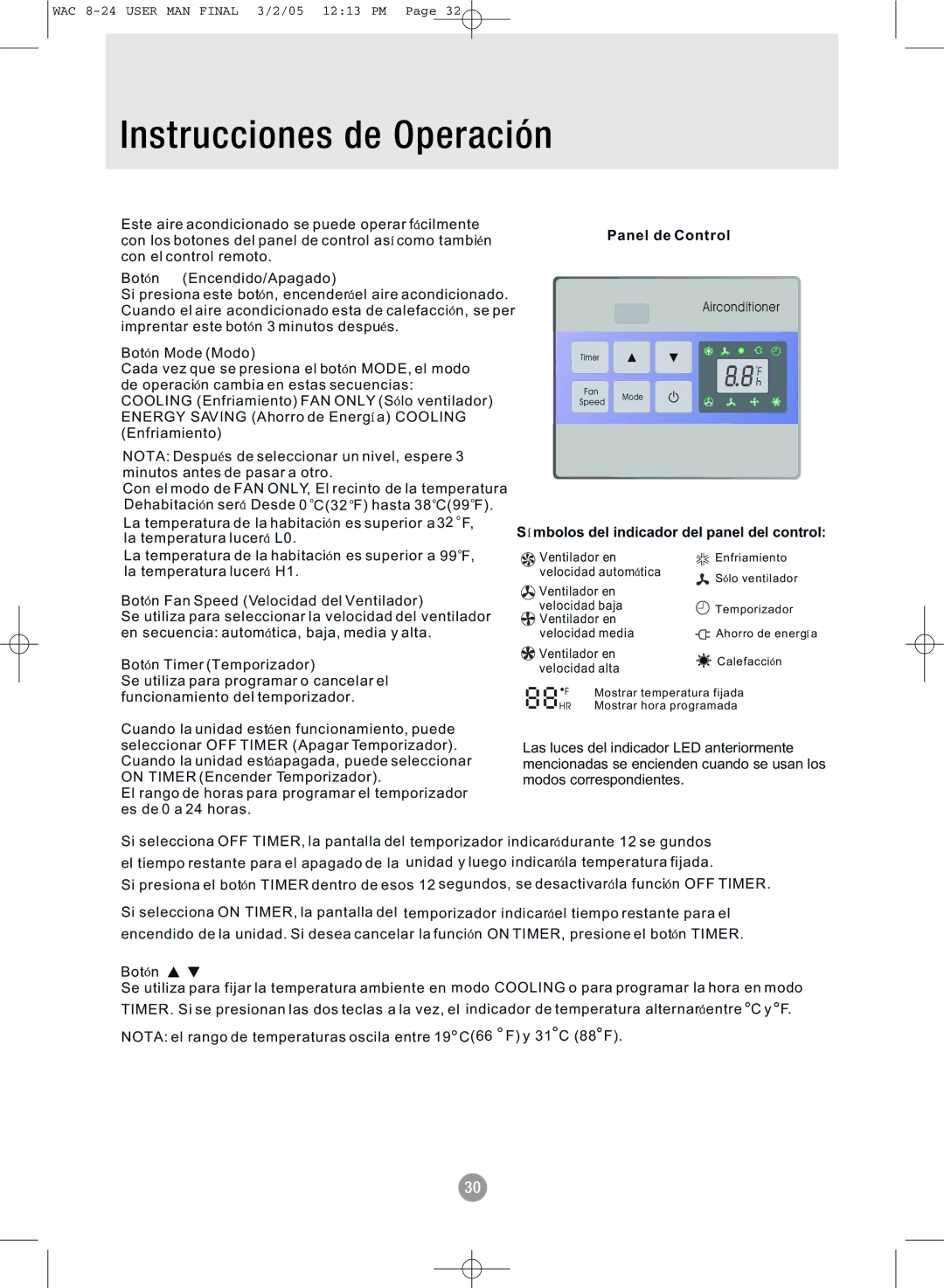 Admiral AAW-10CM1FHUE, AAW-15CR1FHUE, AAW-24CM1FHUE Instrucciones de Operación, Mbolos del indicador del panel del control 