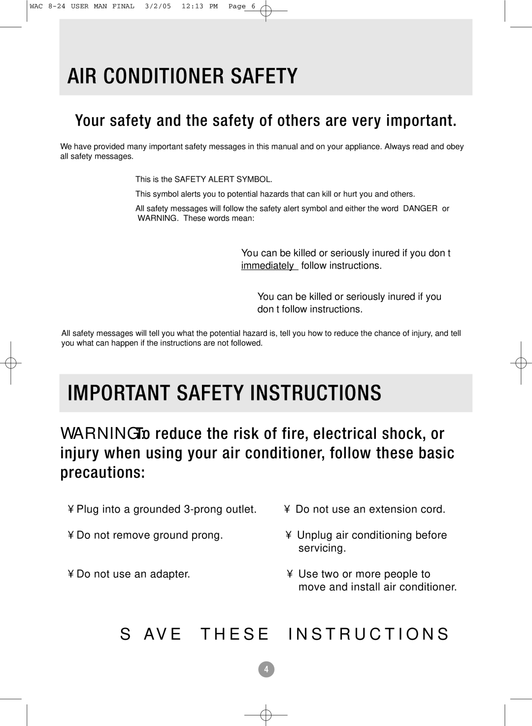 Admiral AAW-22CM1FHUE, AAW-15CR1FHUE, AAW-24CM1FHUE, AAW-22CR1FHUE AIR Conditioner Safety, Important Safety Instructions 