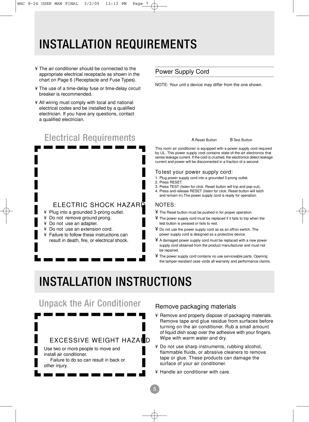 Admiral AAW-12CR1FHUE, AAW-15CR1FHUE, AAW-24CM1FHUE, AAW-22CR1FHUE manual Installation Requirements, Installation Instructions 